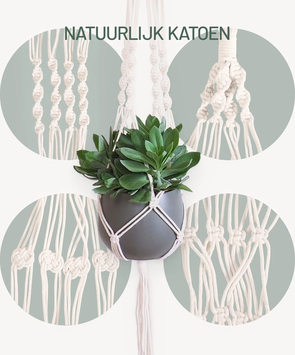Gadgy Plantenhanger Macramé 3 Stuks - Luxe Gevlochten Touw Katoen - Plantenpot Ophangen - Hangpot - Afbeelding 4