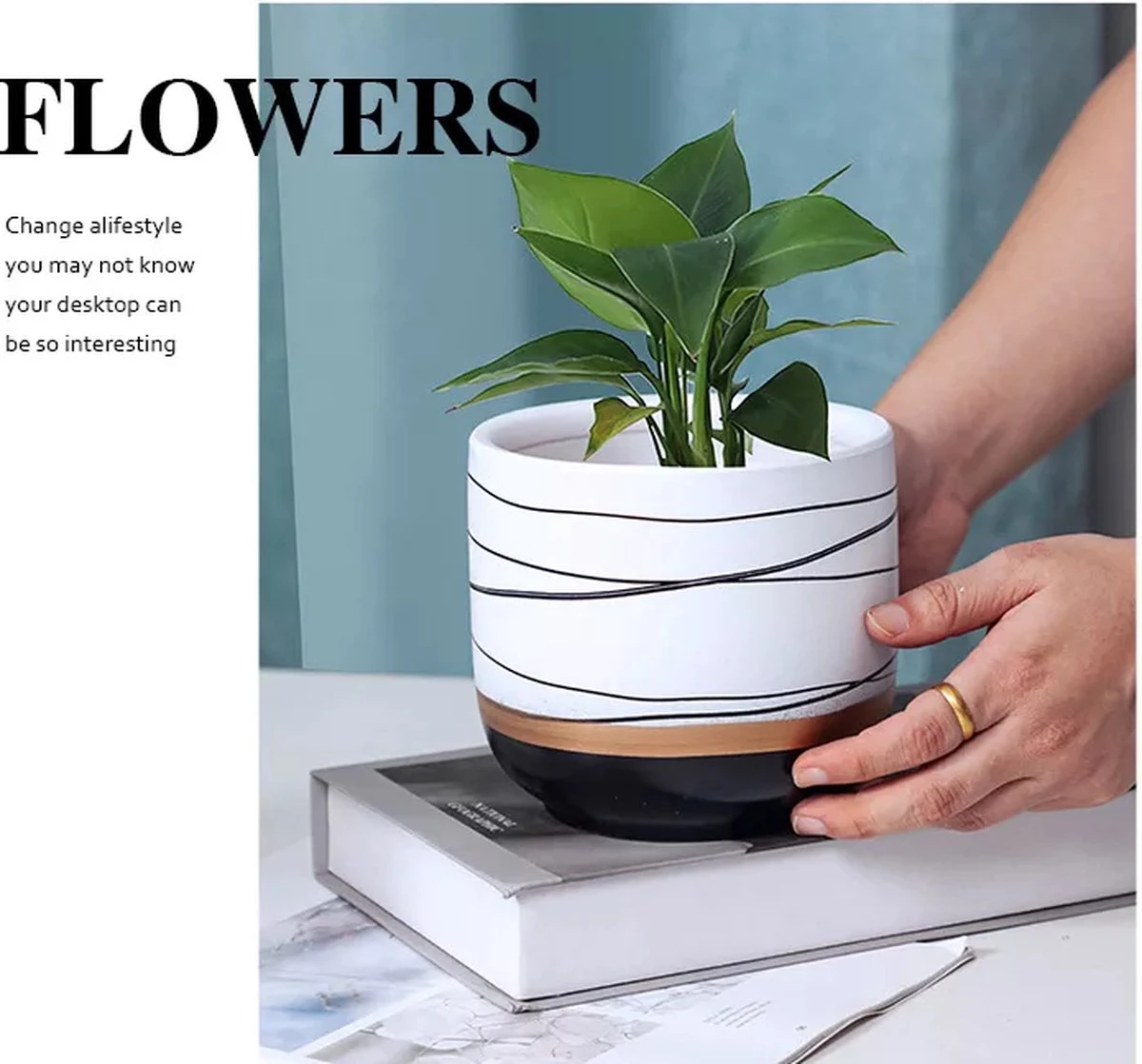 Bloempotten Binnen - Keramiek - Gouden Rand - Bloempot Buiten - Afvoergat 24 Cm - Groen – Groot - Afbeelding 10