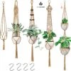 5 Stuks Jute Macrame Plantenhangers - Boho Handgeweven Katoen Hangpot Voor Binnen/Buiten - Hangende Bloempot Met Kralen - Macramé Touw/Koord Hangplant Houder - Bohemian Wandhanger Decoratie - Plant Hanger - Verticale Tuin Bloempothouder Planthanger