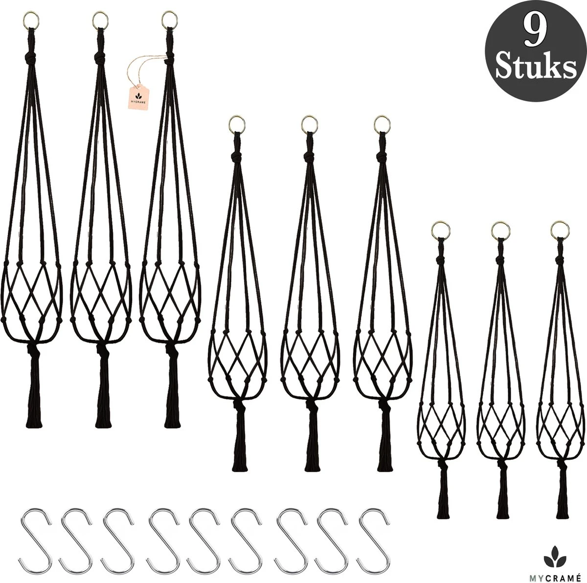 9 Stuks Zwart Macrame Plantenhangers - Boho Handgeweven Katoen Hangpot Voor Binnen/Buiten - Hangende Bloempot Met Kralen - Macramé Touw/Koord Hangplant Houder - Bohemian Wandhanger Decoratie - Plant Hanger - Verticale Tuin Bloempothouder Planthanger