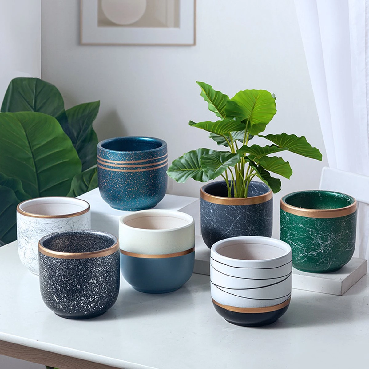 Bloempotten Binnen - Keramiek - Gouden Rand - Bloempot Buiten - Afvoergat 24 Cm - Groen – Groot - Afbeelding 7