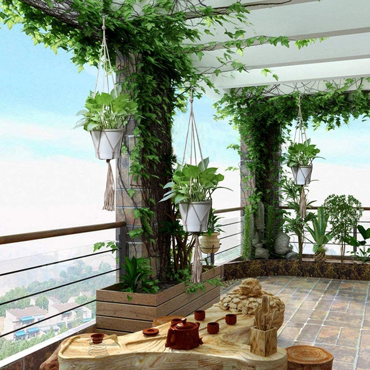 9 Stuks Jute Macrame Plantenhangers - Boho Handgeweven Katoen Hangpot Voor Binnen/Buiten - Hangende Bloempot Met Kralen - Macramé Touw/Koord Hangplant Houder - Bohemian Wandhanger Decoratie - Plant Hanger - Verticale Tuin Bloempothouder Planthanger - Afbeelding 3