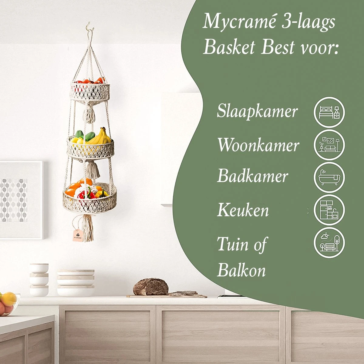Macramé 3-Laags Hangende Fruitmand - Bohemian Mand Plantenhanger - Handgemaakt Katoen Touw Fruitschaal Hangmand - Boho Ophangbaar Etagere - Decoratieve Fruit Schaal/Basket - Opbergmand Organizer - Keuken/Balkon Decoratie - Hangpot Voor Binnen/Buiten - Afbeelding 2