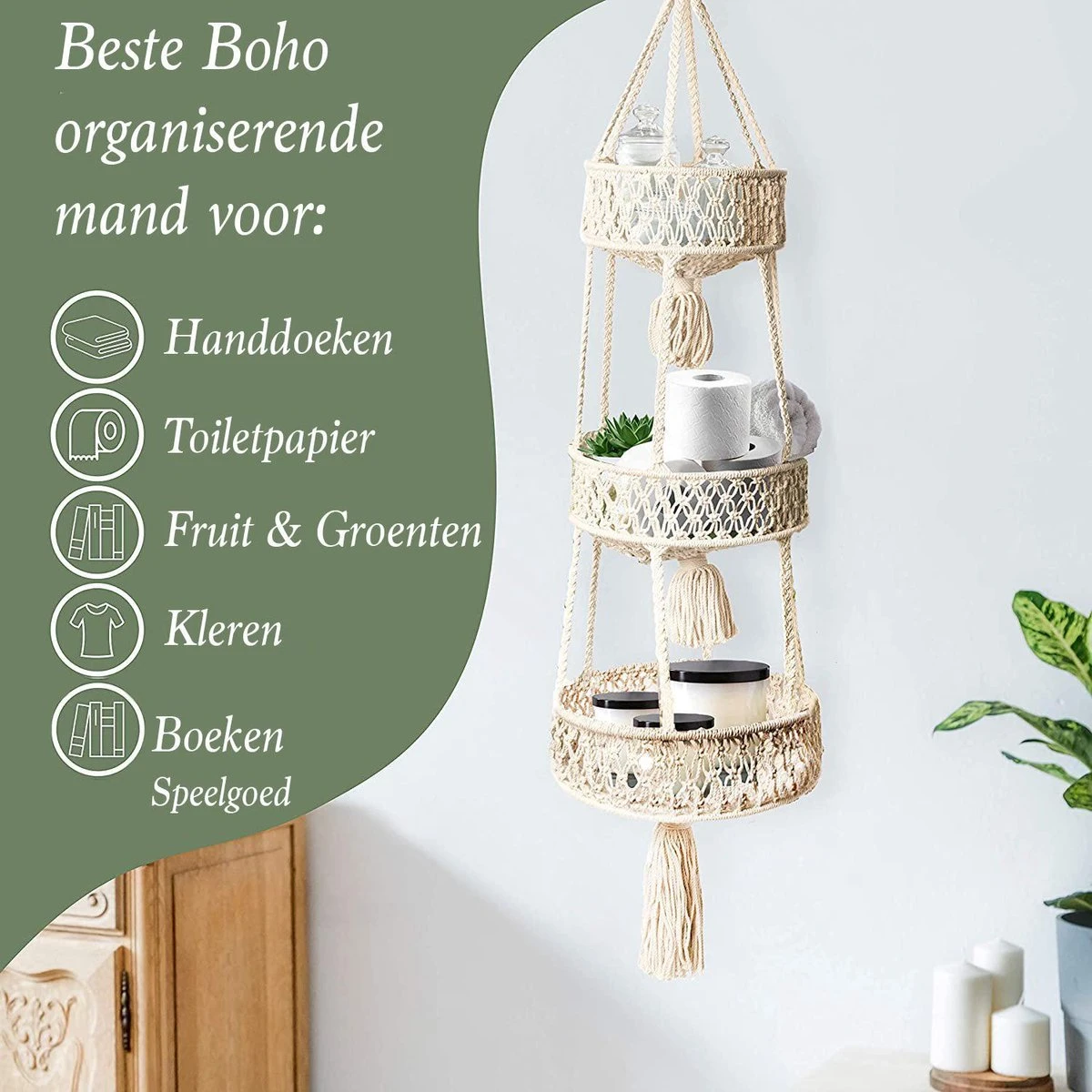 Macramé 3-Laags Hangende Fruitmand - Bohemian Mand Plantenhanger - Handgemaakt Katoen Touw Fruitschaal Hangmand - Boho Ophangbaar Etagere - Decoratieve Fruit Schaal/Basket - Opbergmand Organizer - Keuken/Balkon Decoratie - Hangpot Voor Binnen/Buiten - Afbeelding 3