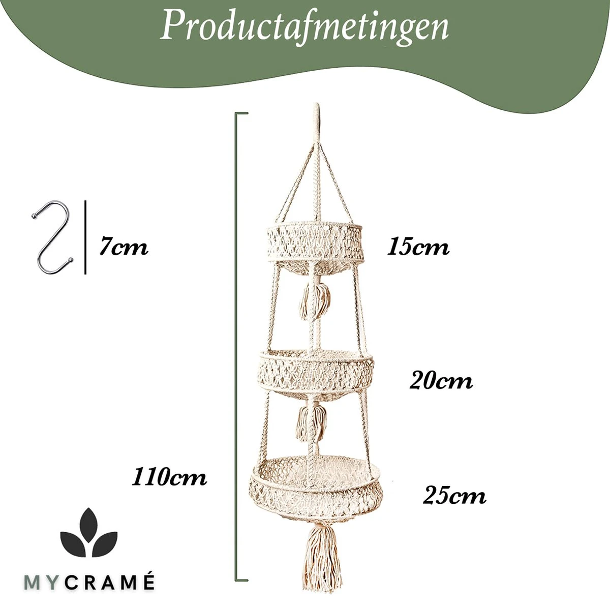 Macramé 3-Laags Hangende Fruitmand - Bohemian Mand Plantenhanger - Handgemaakt Katoen Touw Fruitschaal Hangmand - Boho Ophangbaar Etagere - Decoratieve Fruit Schaal/Basket - Opbergmand Organizer - Keuken/Balkon Decoratie - Hangpot Voor Binnen/Buiten - Afbeelding 7