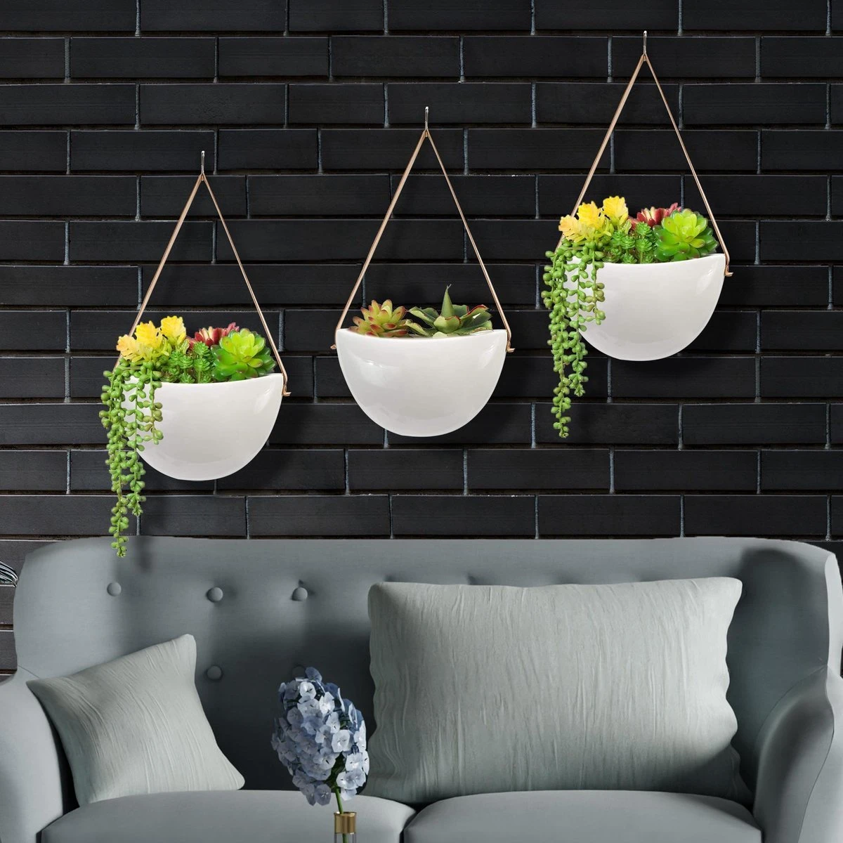 Plantenhanger Keramiek – Set Van 3 – Wit Steen- Hangpot – Hangende Bloempot Plantenpot - 3 Verschillende Koorden - 18 X 11 X 7 Cm - Afbeelding 5