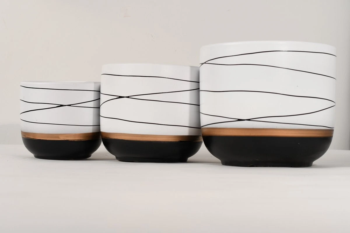 Bloempotten Binnen - Keramiek - Gouden Rand - Bloempot Buiten - Afvoergat 24 Cm - Wit Zwart – Groot - Afbeelding 5