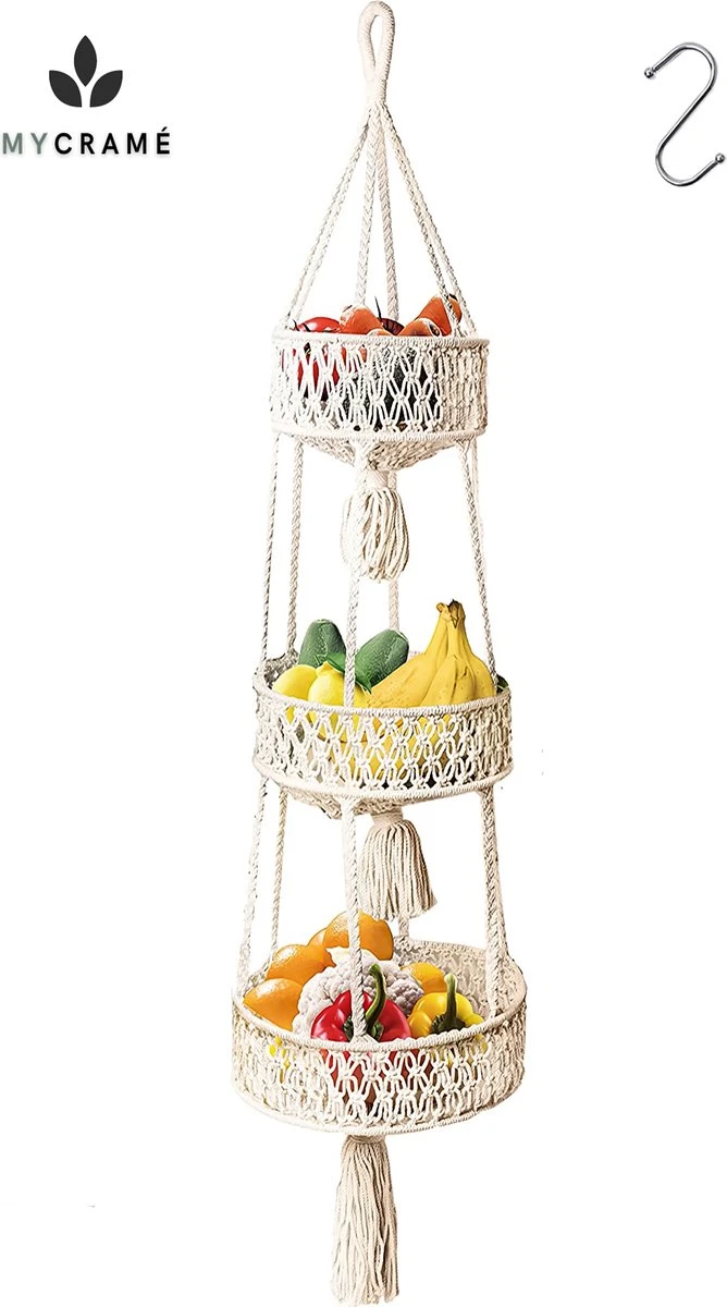 Macramé 3-Laags Hangende Fruitmand - Bohemian Mand Plantenhanger - Handgemaakt Katoen Touw Fruitschaal Hangmand - Boho Ophangbaar Etagere - Decoratieve Fruit Schaal/Basket - Opbergmand Organizer - Keuken/Balkon Decoratie - Hangpot Voor Binnen/Buiten